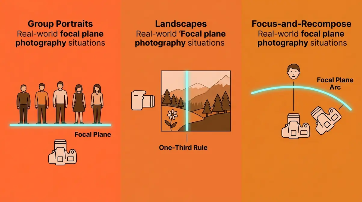 Three real-world focal plane scenarios: group portraits, landscape one-third rule, and focus-and-recompose trap