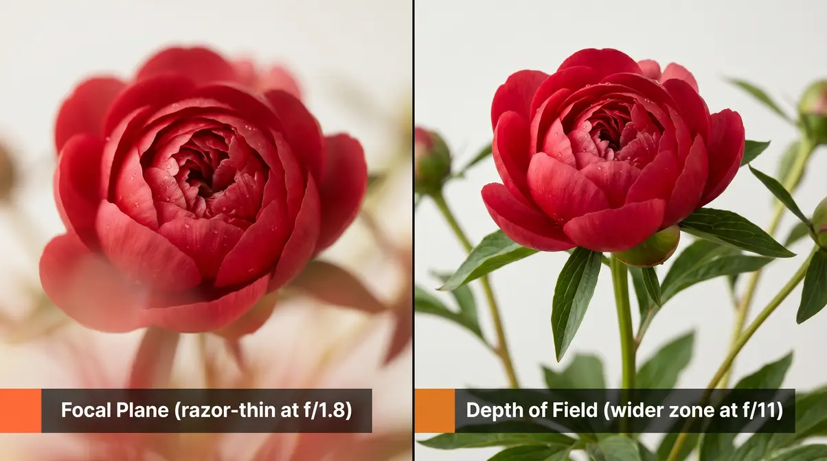 Aperture comparison showing focal plane depth at f/1.8 versus depth of field at f/11 in photography