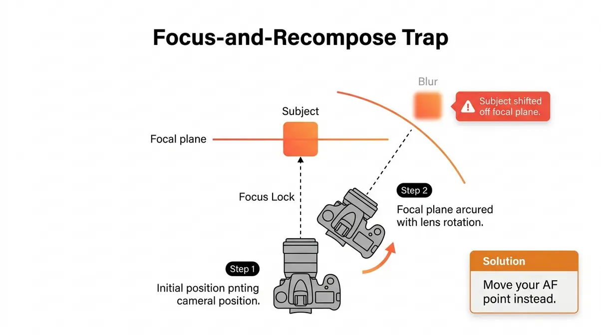 Diagram showing how focus-and-recompose shifts the focal plane away from the subject in photography