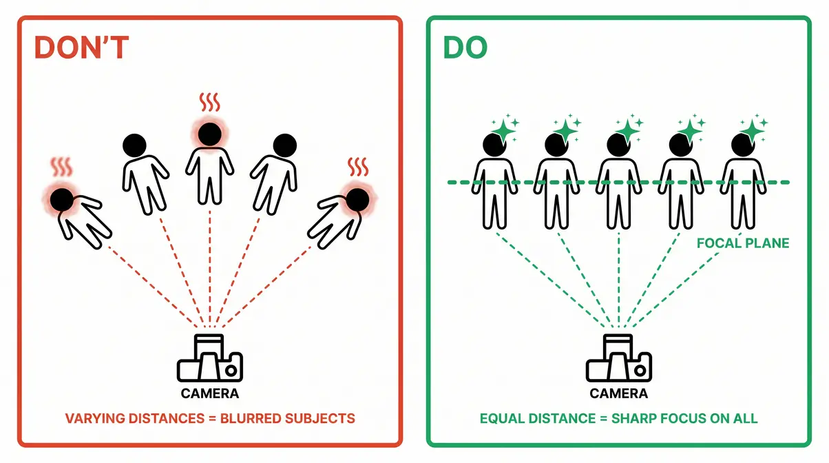 Do and don't diagram for group portrait focal plane alignment to keep all faces sharp in photography