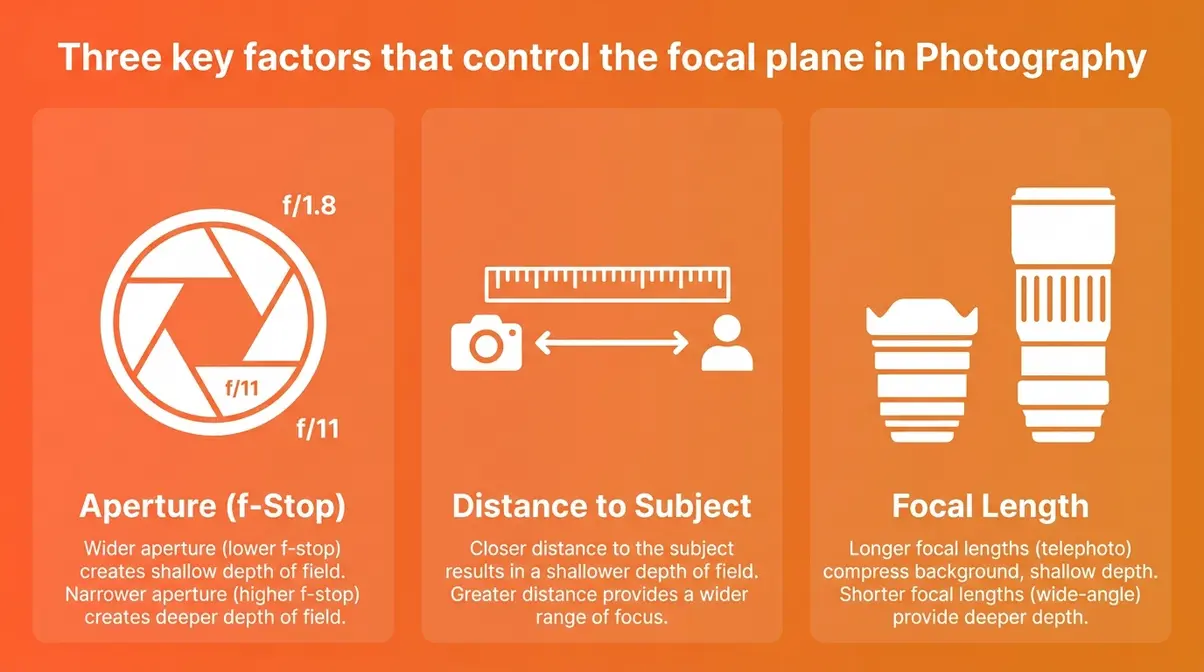 Three factors controlling focal plane in photography: aperture, subject distance, and focal length illustrated