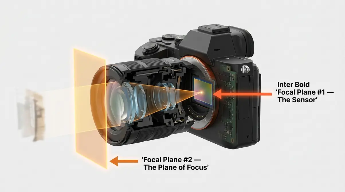 Diagram showing the two focal planes in photography — the sensor and the plane of focus