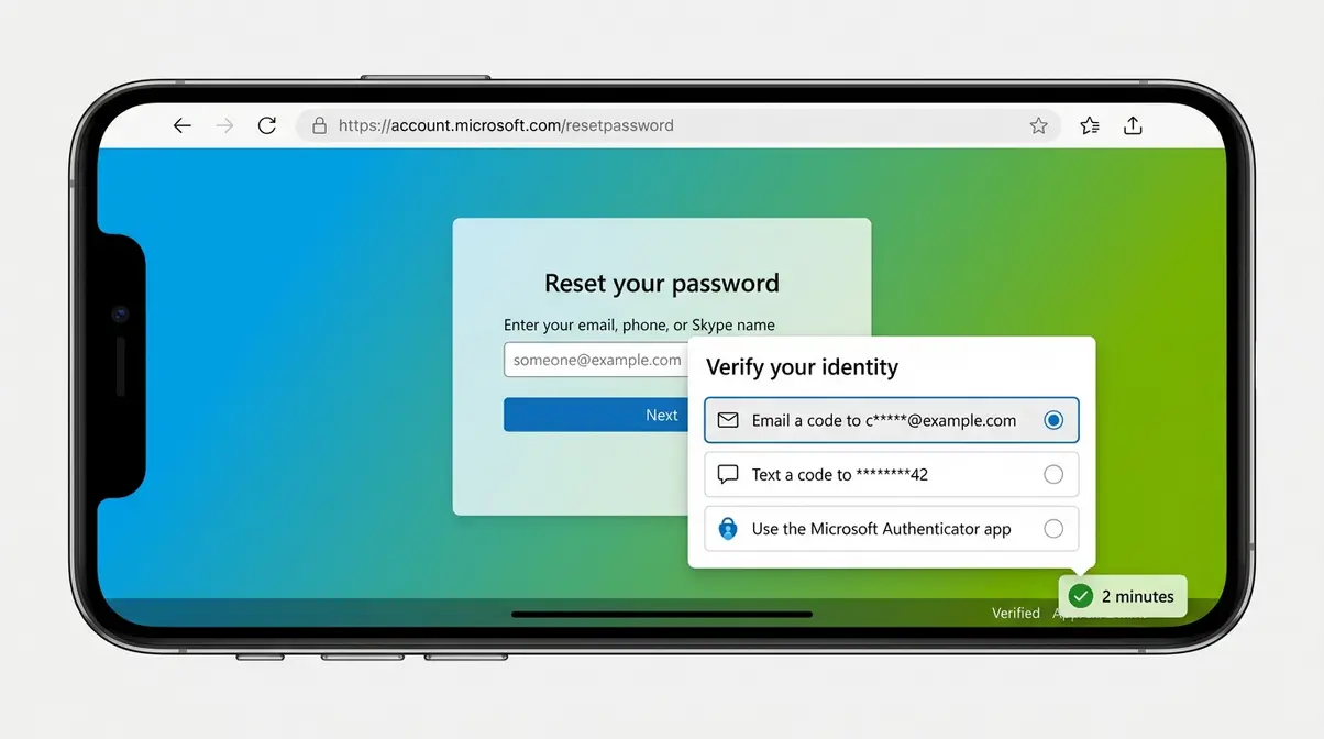 Smartphone browser showing Microsoft account password reset portal with verification method selection screen