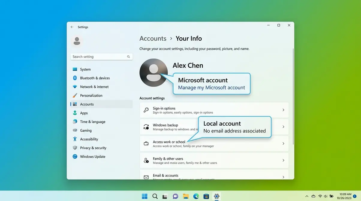 Windows 11 Settings Accounts page showing Microsoft account versus local account label difference
