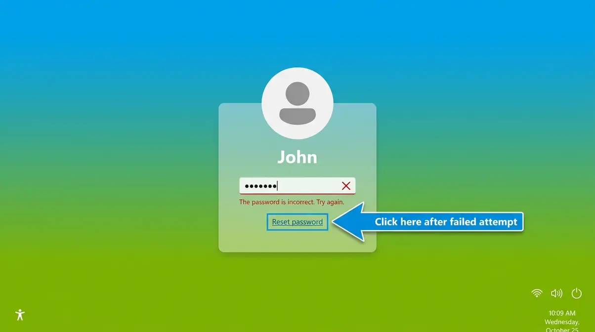 Windows 11 sign-in screen showing the Reset password link below the password field after a failed login
