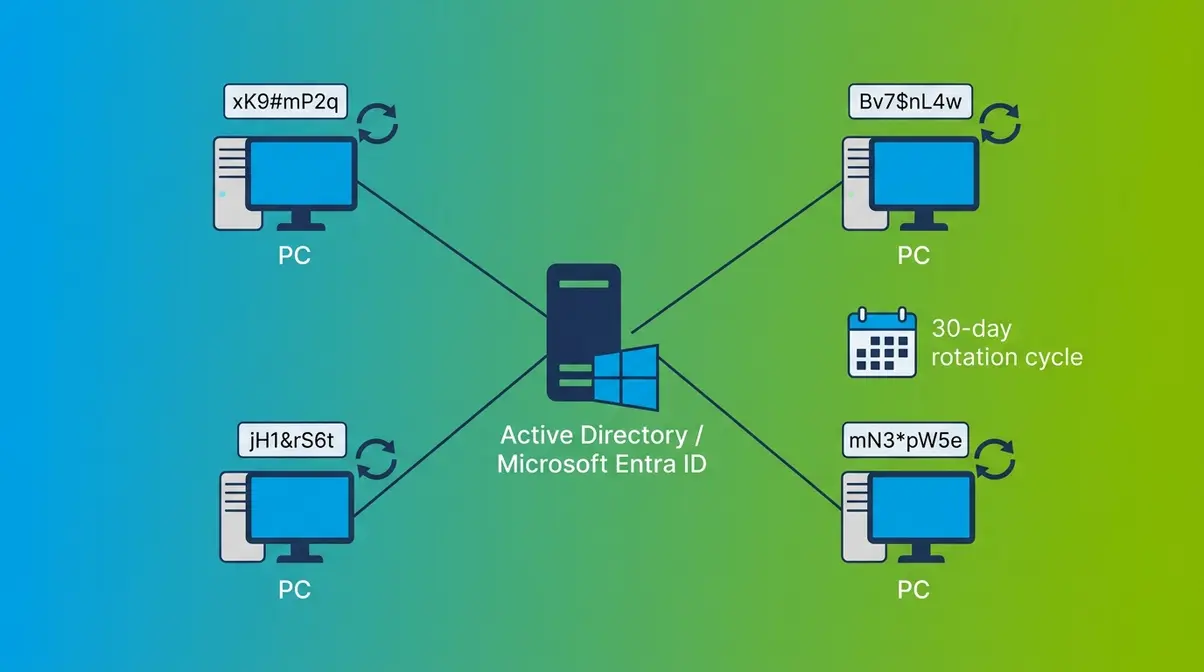Enterprise network diagram showing Windows LAPS automatically managing unique passwords for each domain-joined PC