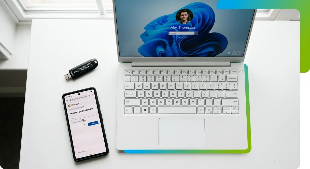 USB drive, smartphone, and laptop arranged as prerequisites for Windows admin password recovery