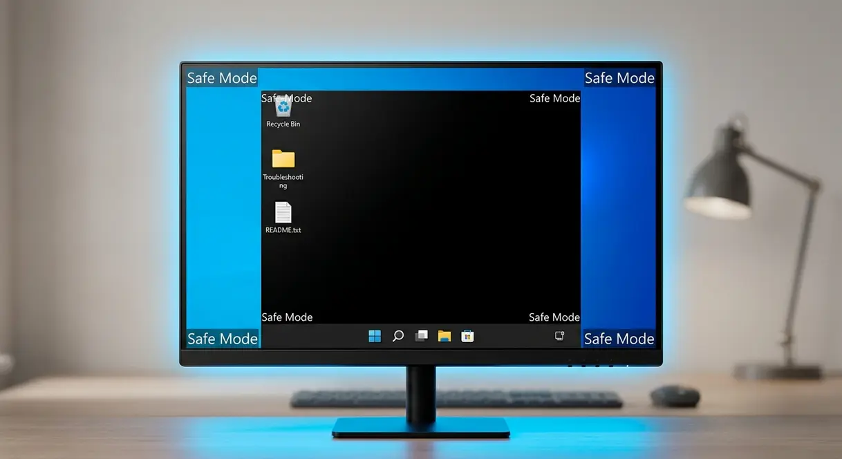 Windows 11 monitor showing Safe Mode boot screen with Safe Mode text in screen corners