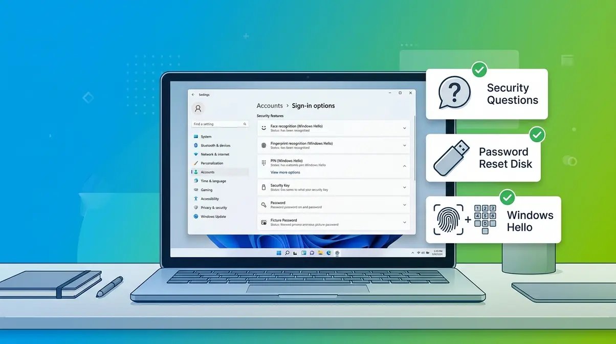 Windows 11 laptop showing sign-in options with three lockout prevention methods illustrated beside screen