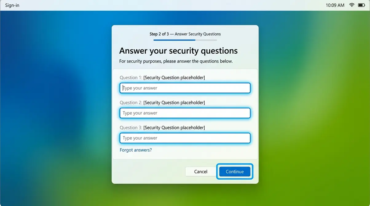 Windows 11 sign-in screen showing security questions answer fields for local account password recovery