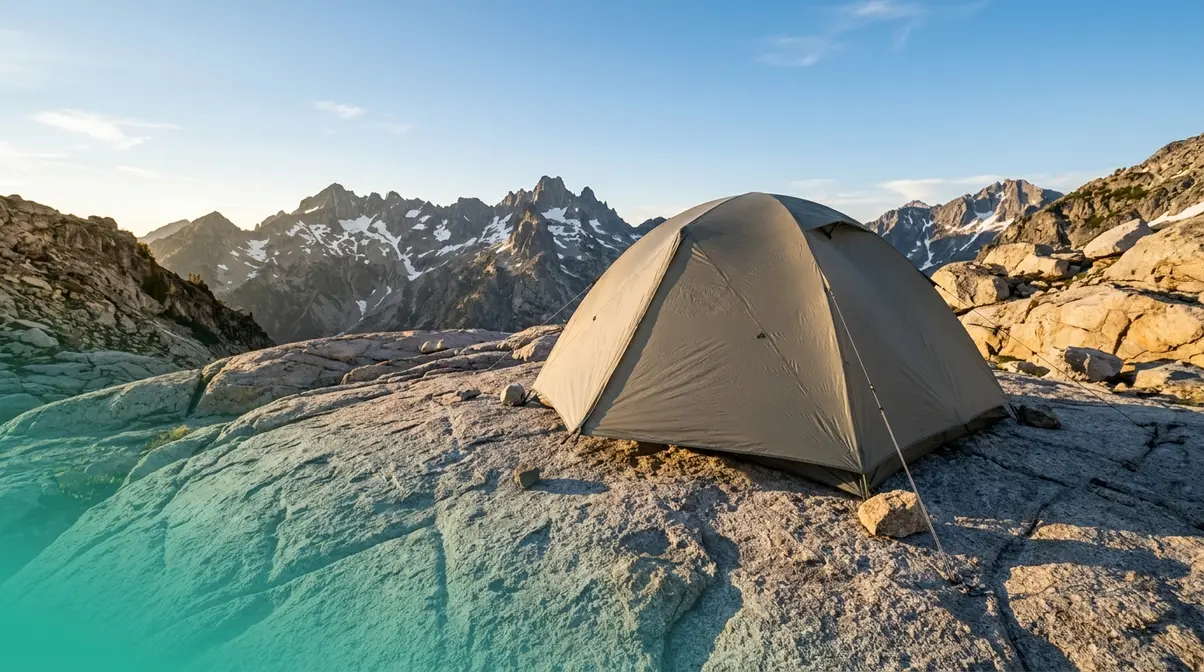 Freestanding dome tent pitched on granite rock slab at alpine elevation with no stakes required