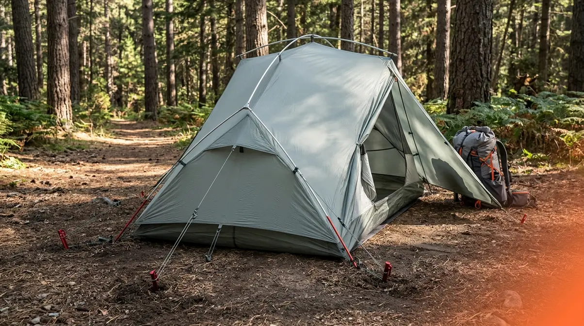 Semi-freestanding backpacking tent pitched on soft trail soil with foot-end stakes visible
