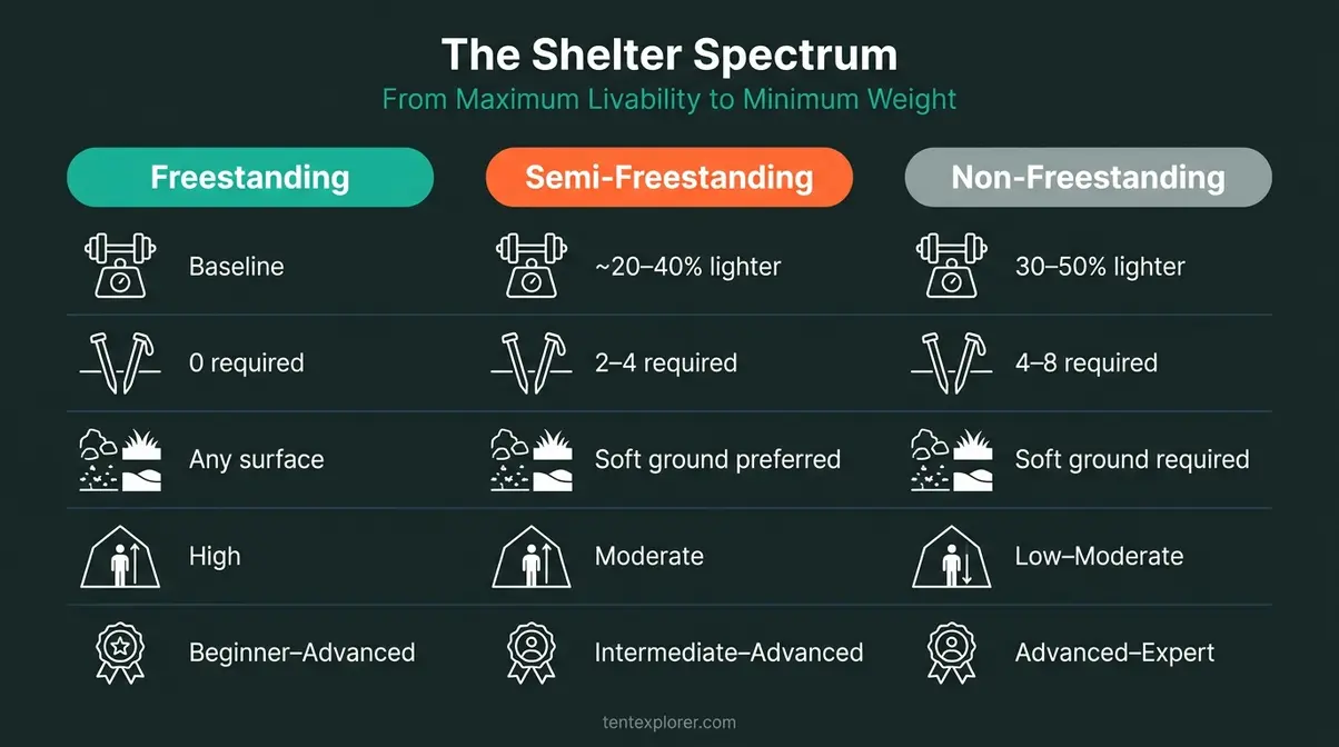 Infographic comparing freestanding, semi-freestanding, and non-freestanding tent types across weight, setup, terrain, and livability