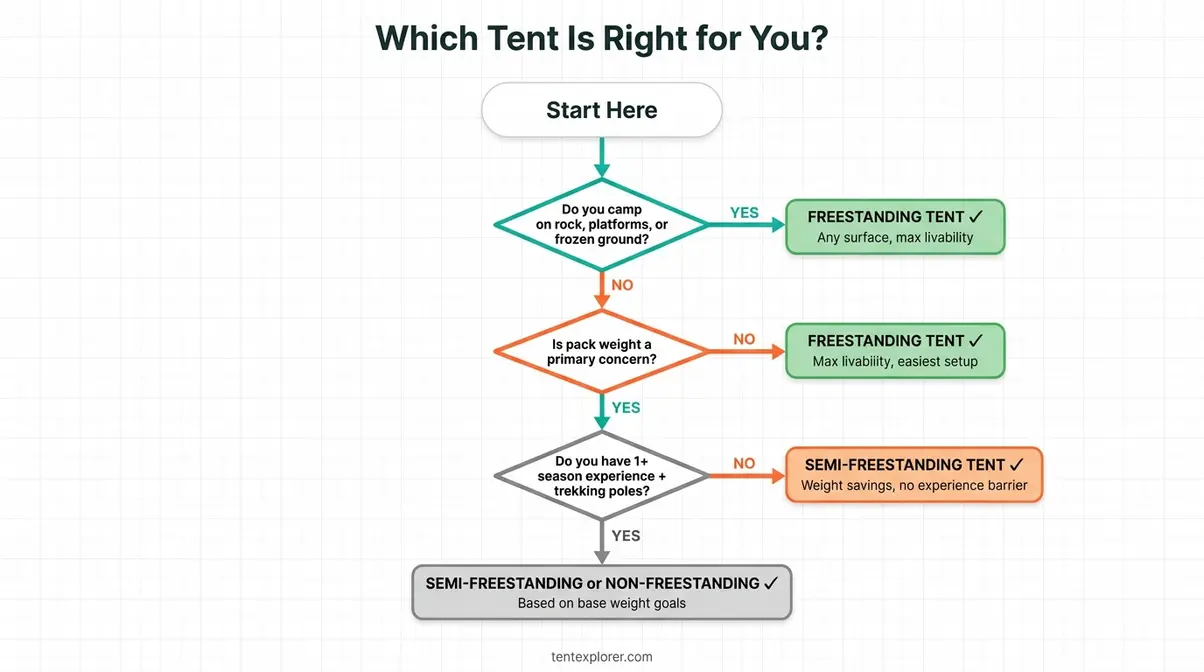 Decision flowchart for choosing between freestanding, semi-freestanding, and non-freestanding tent types