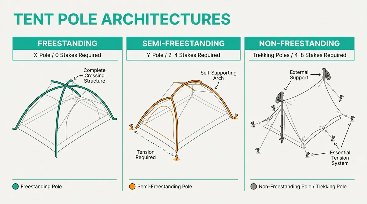 Diagram comparing freestanding X-pole, semi-freestanding Y-pole, and trekking pole tent structures side by side