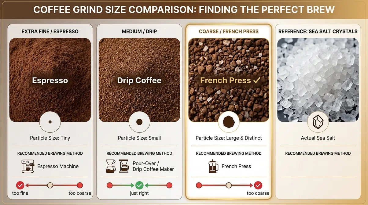 Coffee grind size comparison chart showing espresso fine grind versus medium drip grind versus coarse French press grind with sea salt reference