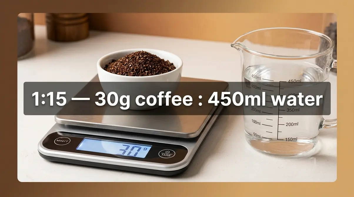 Kitchen scale showing 30g of coarse French roast coffee grounds with 450ml water for 1:15 brewing ratio