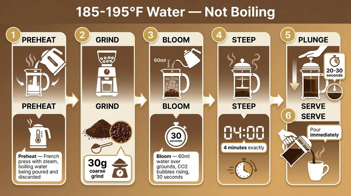 Step-by-step French press brewing infographic showing preheat, grind, bloom, steep, plunge, and serve stages for French roast coffee