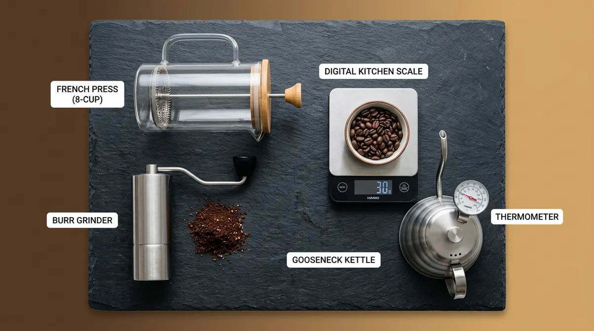 French press coffee brewing equipment including burr grinder, gooseneck kettle, kitchen scale, and thermometer