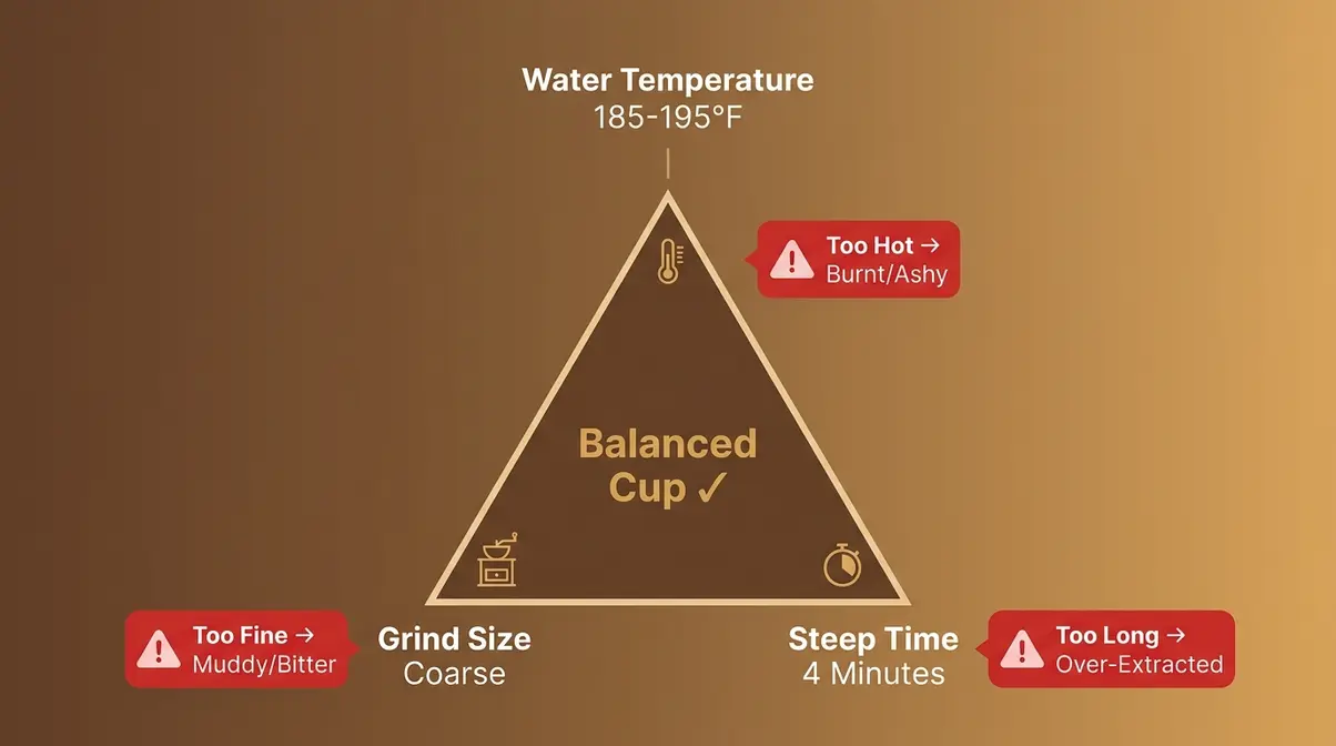 Bitterness Triangle diagram showing three variables controlling French roast coffee quality: temperature, grind size, and steep time