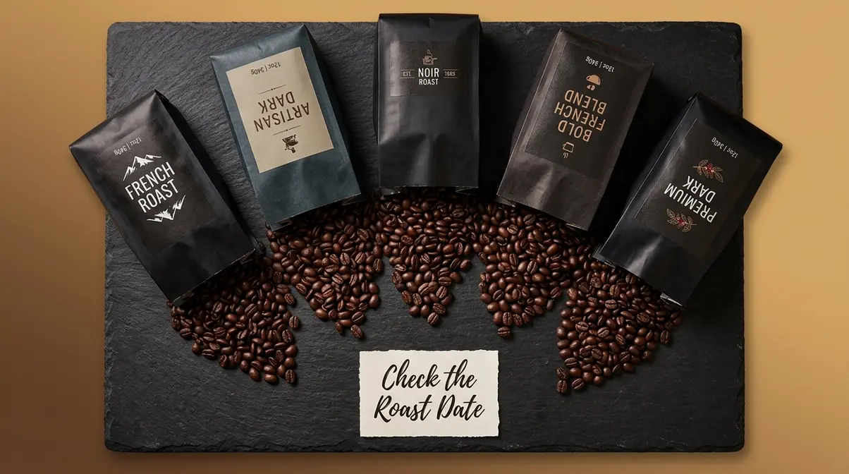 Selection of French roast coffee bean bags with dark roasted beans showing roast date labels for freshness