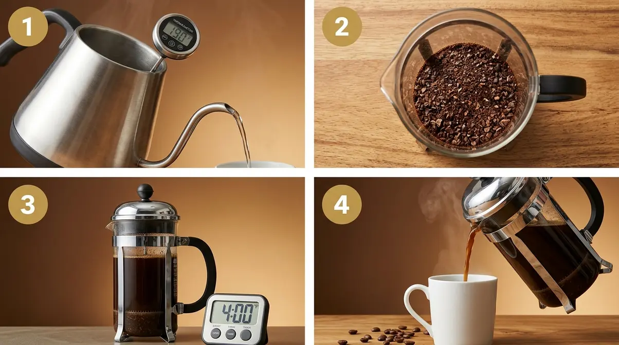 Four-stage French roast coffee brewing process showing water temperature, grounds, steeping, and final pour