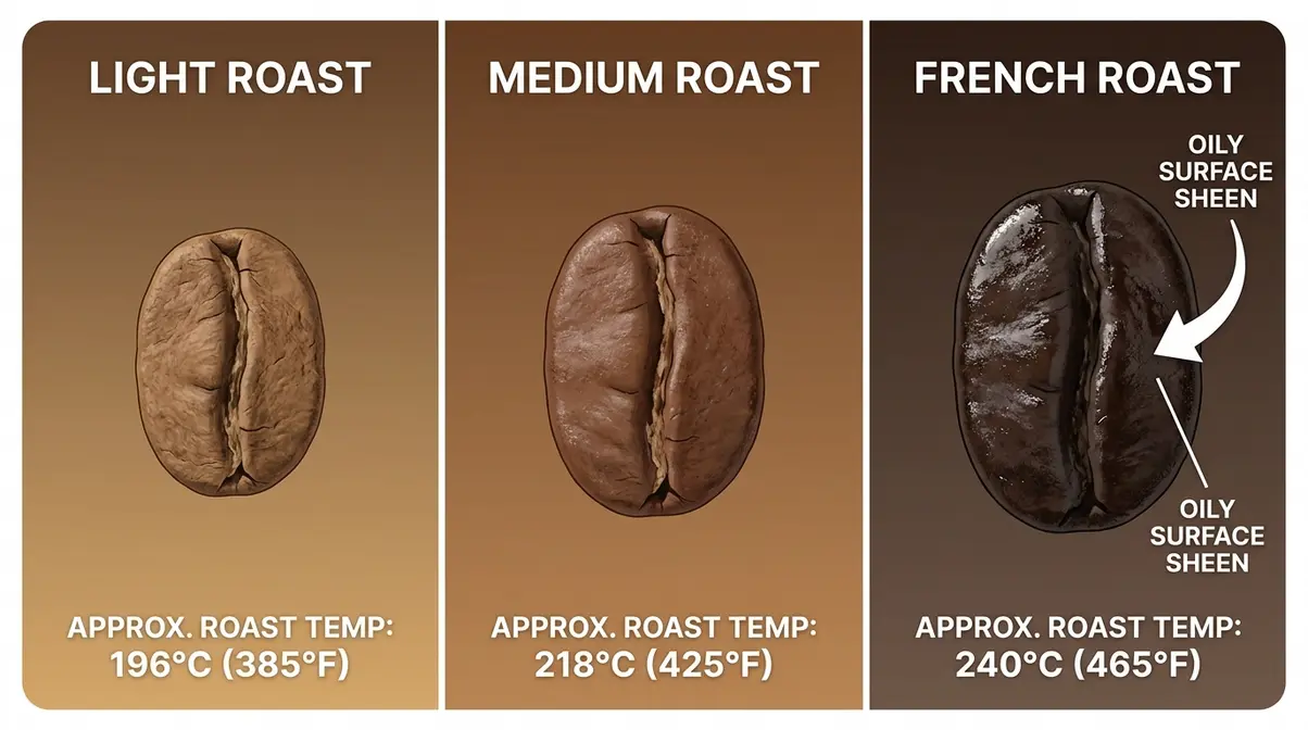 Side-by-side comparison of light roast, medium roast, and French roast coffee beans showing oily surface difference