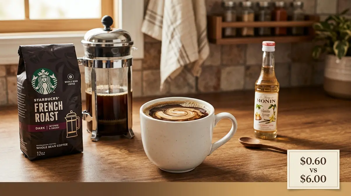 Starbucks-inspired French roast coffee brewed at home with oat milk in a white ceramic mug