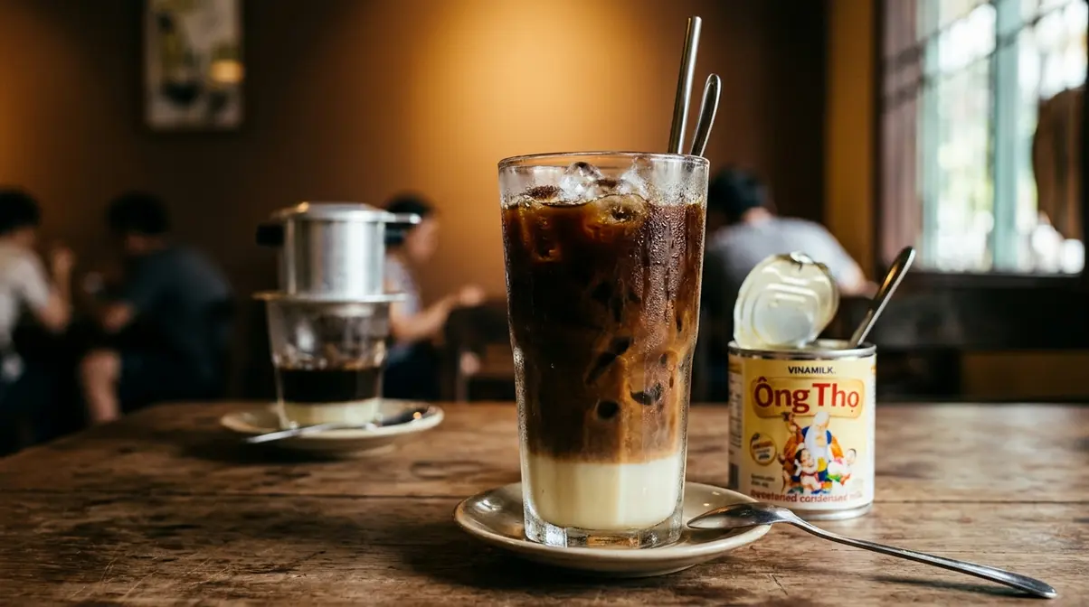 Vietnamese-style French roast iced coffee with sweetened condensed milk and ice in a tall glass