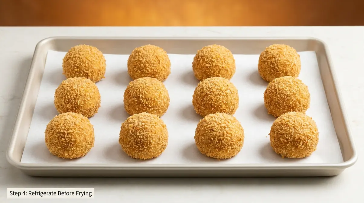 Breaded fried mashed potato balls on parchment-lined baking sheet ready to chill before frying