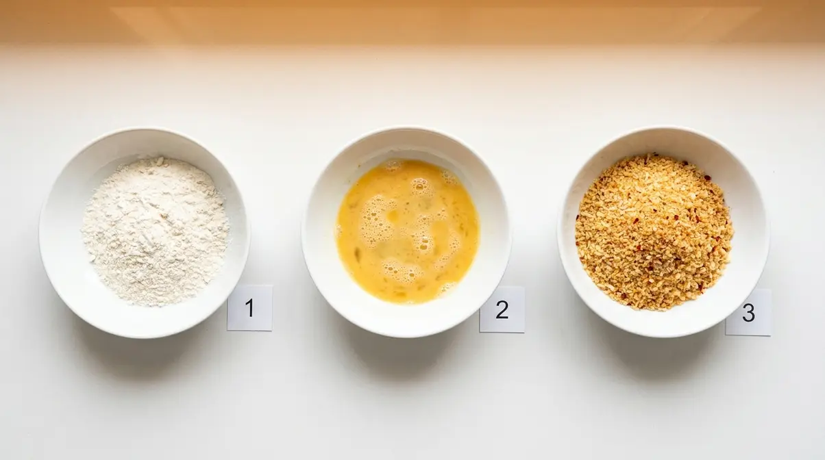 Three bowls showing breading station for crispy fried mashed potato balls flour cornstarch egg and Panko