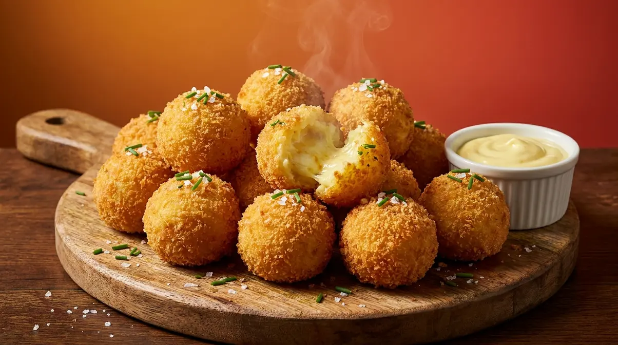 Plate of golden crispy fried mashed potato balls recipe with fresh herbs and dipping sauce
