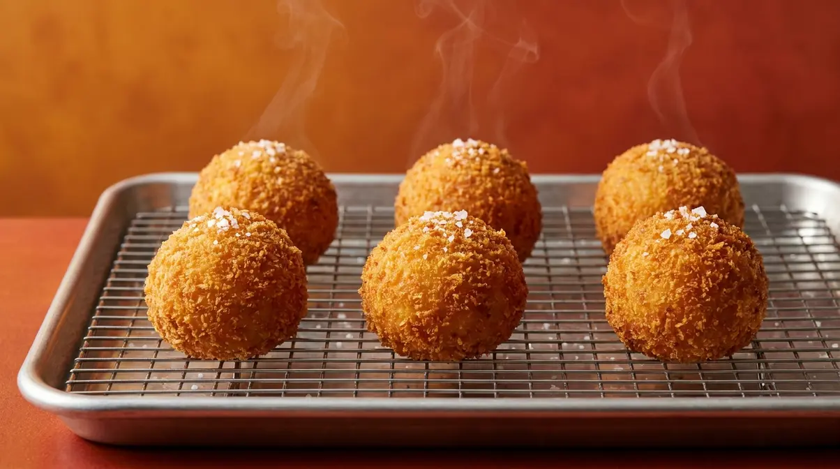 Crispy golden fried mashed potato balls draining on wire rack after deep frying showing perfect golden brown color