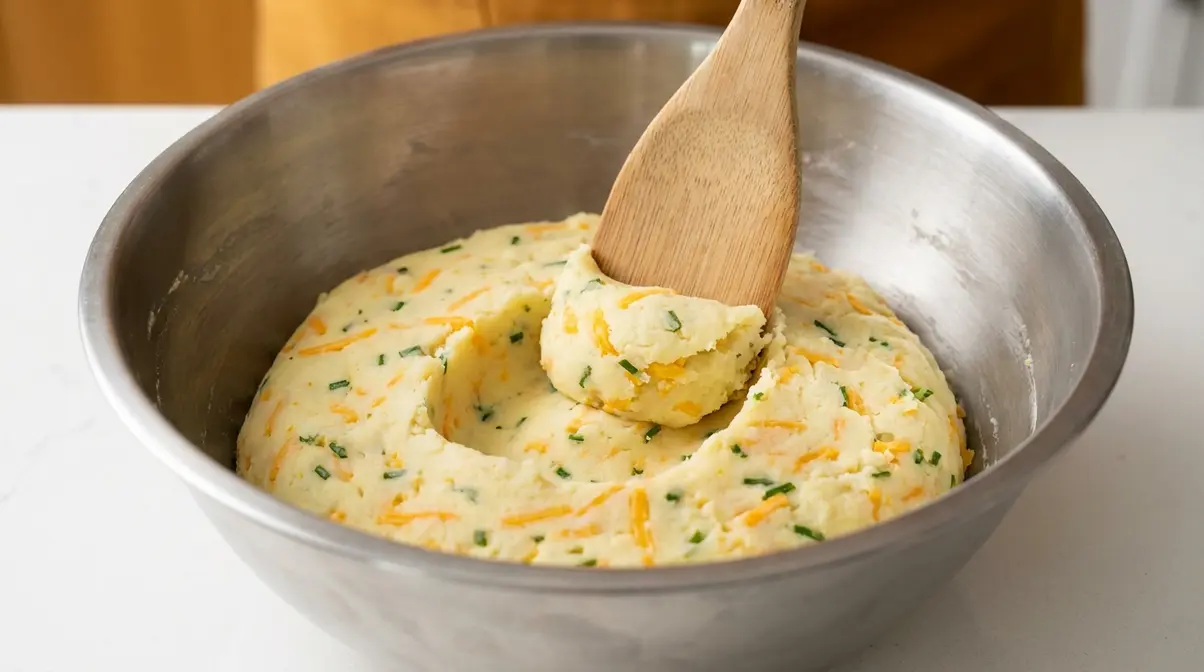 Mashed potato mixture for fried mashed potato balls recipe showing firm pliable texture in mixing bowl