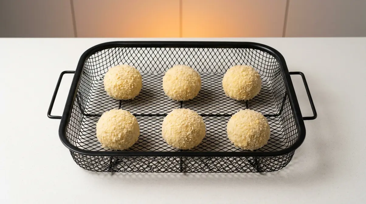 Breaded mashed potato balls arranged in air fryer basket as healthier alternative to deep frying