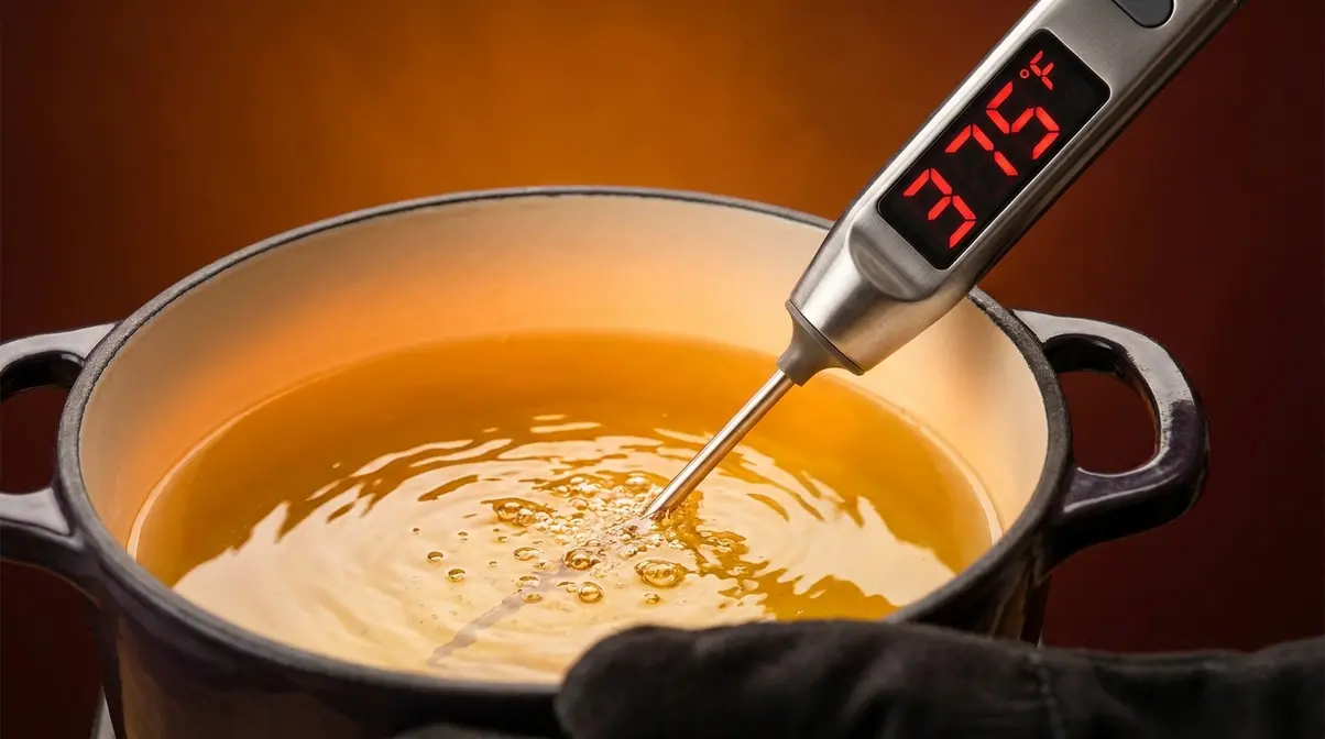Cooking thermometer reading 375 degrees Fahrenheit in hot oil for perfect fried mashed potato balls temperature