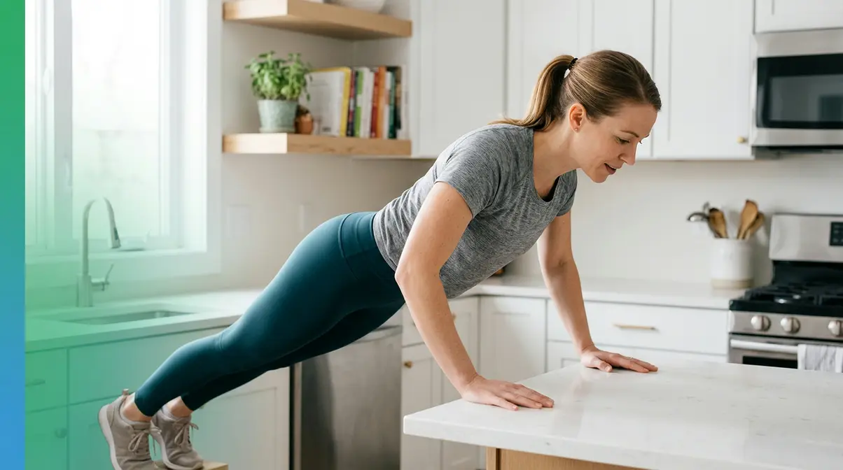 Beginner performing incline push-up on countertop showing low-impact home workout modification no equipment