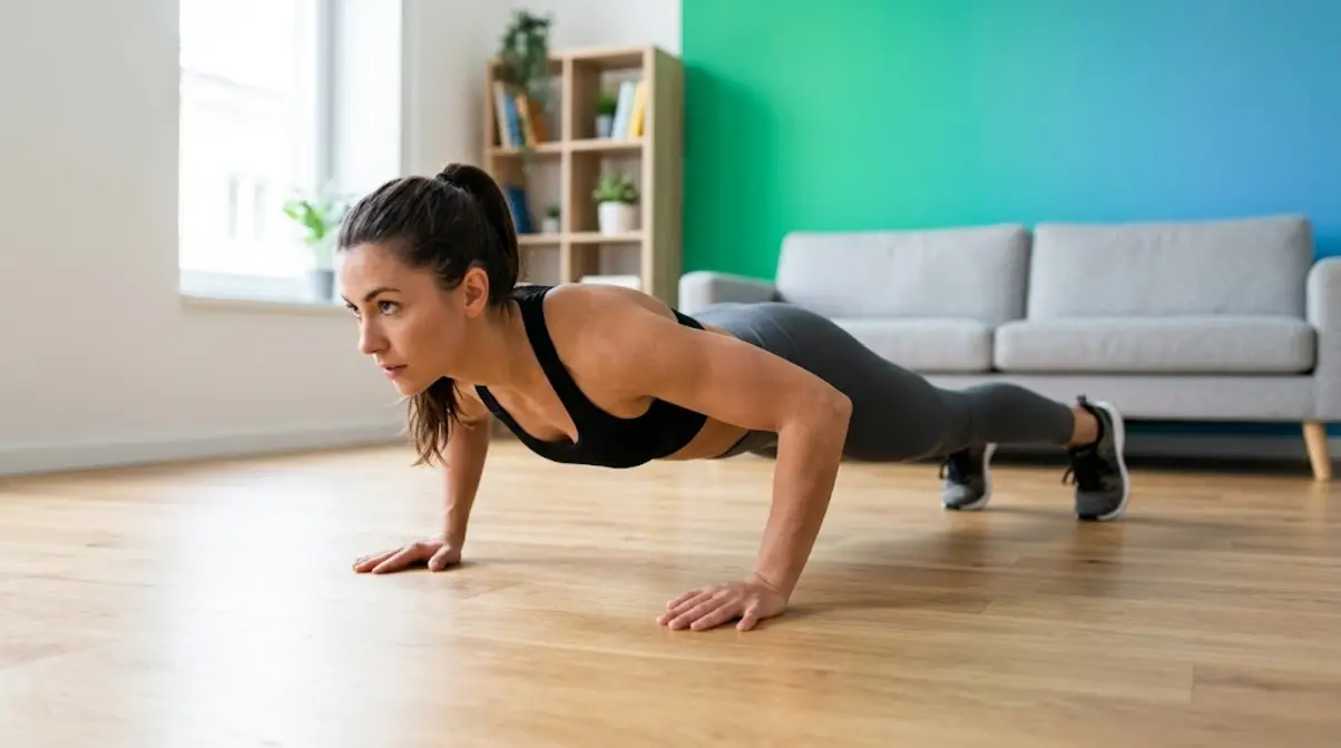 Person performing push-up in home living room demonstrating full body home workout no equipment core circuit