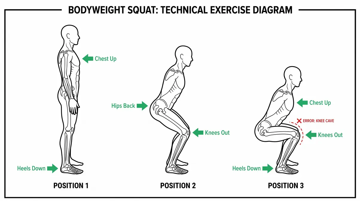 Bodyweight squat correct form side view showing starting position, descent, and bottom position with form cues