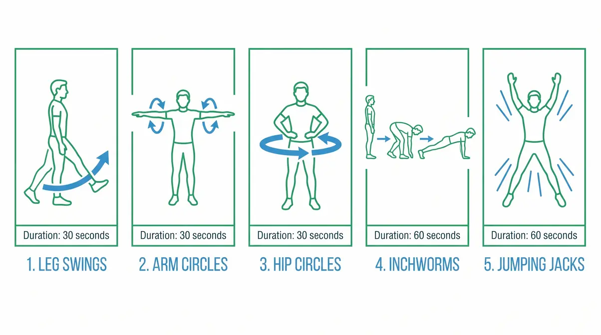 Full body home workout no equipment warm-up sequence showing 5 dynamic movements with directional arrows