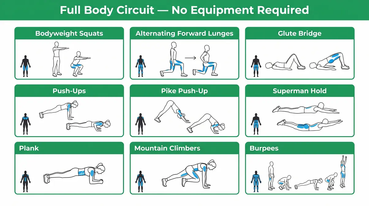 Full body home workout no equipment circuit overview showing 9 exercises and targeted muscle groups