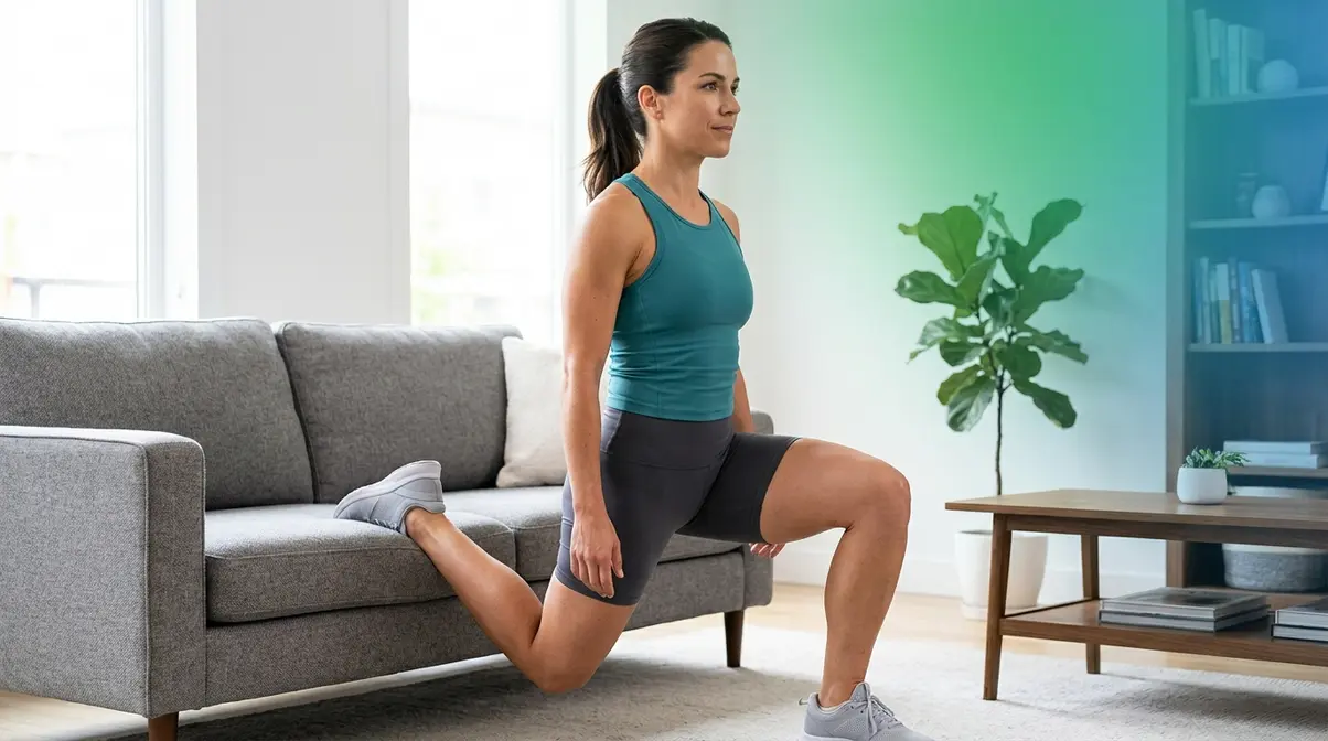 Person performing Bulgarian split squat at home showing Tier 3 bodyweight progressive overload no equipment