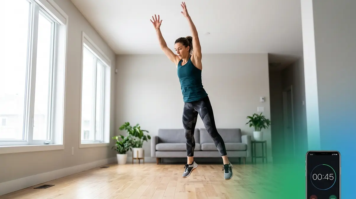 Person performing burpee jump in home living room during timed full body home workout no equipment routine
