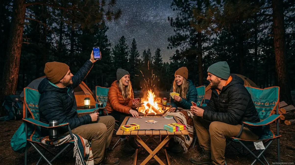 Campers playing card games and using a star map app around a glowing campfire at night