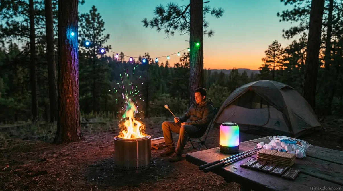 Campfire and lighting accessories including smokeless fire pit, LED string lights, color lantern, and s'mores kit at night
