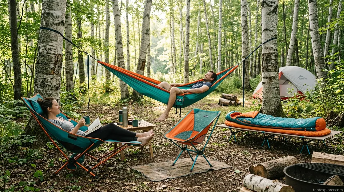Camping comfort gear including reclining camp chair, Helinox chair, ENO hammock, and elevated cot at a campsite