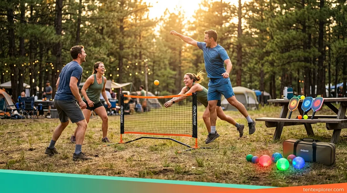 Camping games for groups including roundnet, lighted bocce ball, and LED pickleball at a grassy campsite