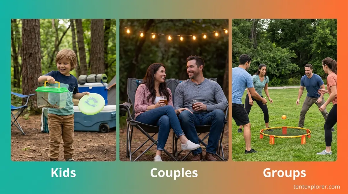 Fun camping gear by group type showing kids with bug catcher, couples in loveseat chair, and adults playing roundnet