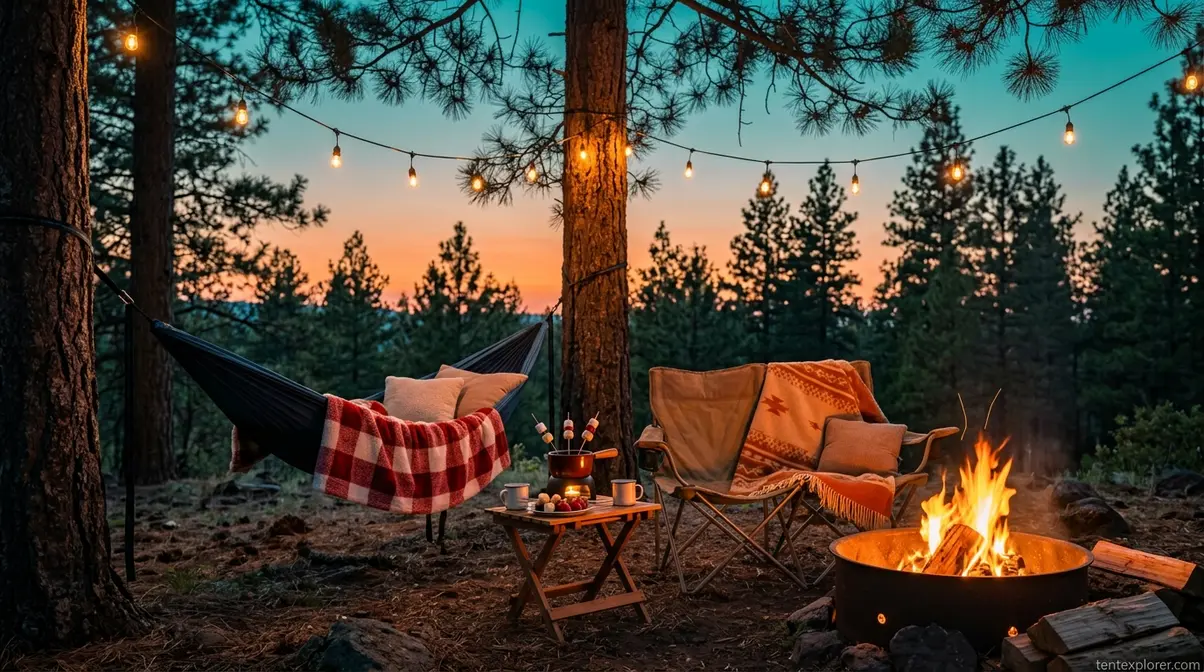 Romantic camping extras for couples including loveseat chair, double hammock, fondue kit, and string lights at dusk