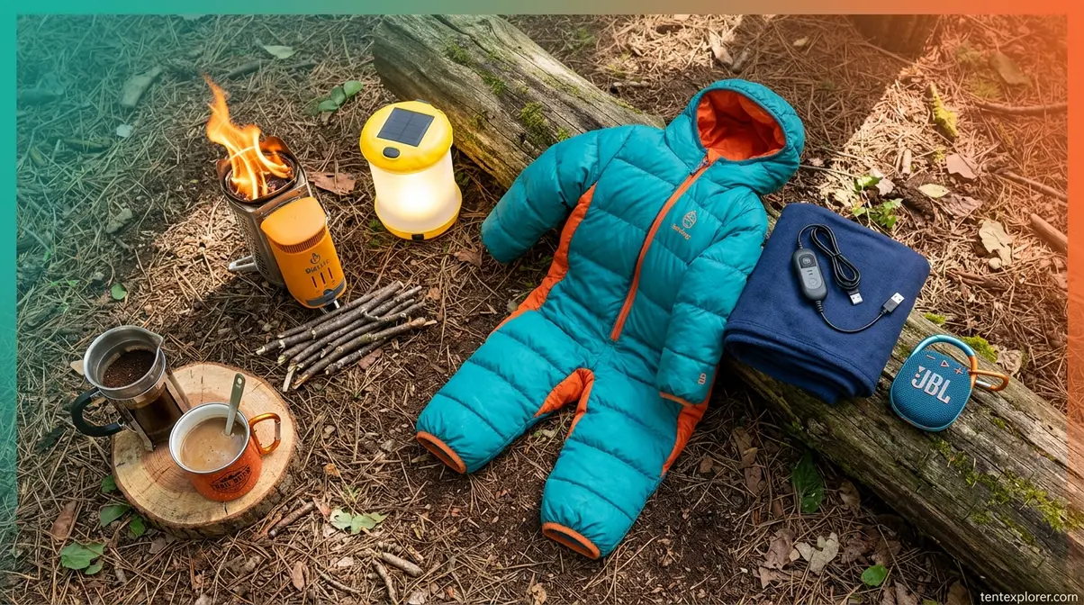 Fun camping gear extras including solar lantern, BioLite stove, heated blanket, and portable speaker on forest backdrop
